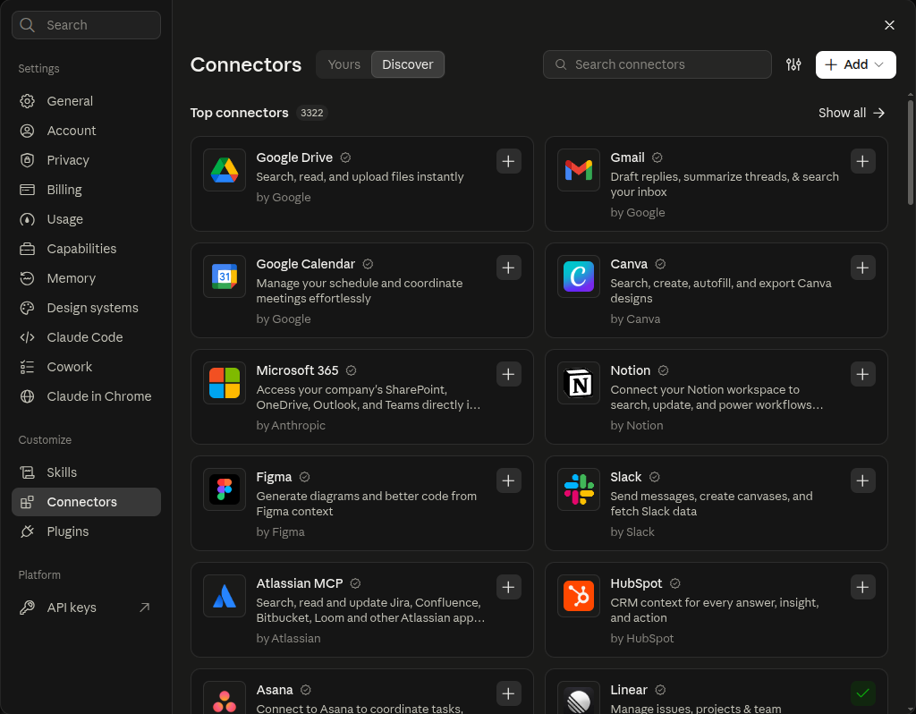 The Connectors page in Claude with the Discover tab selected