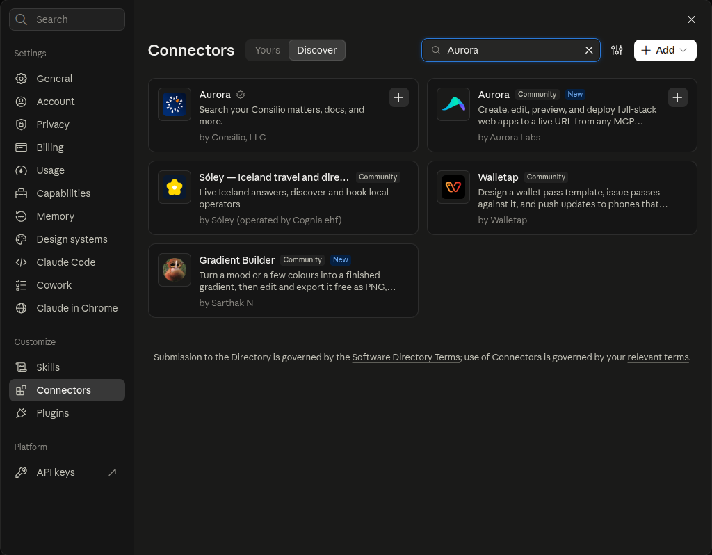 Search results for Aurora, with the Aurora Labs connector on the right