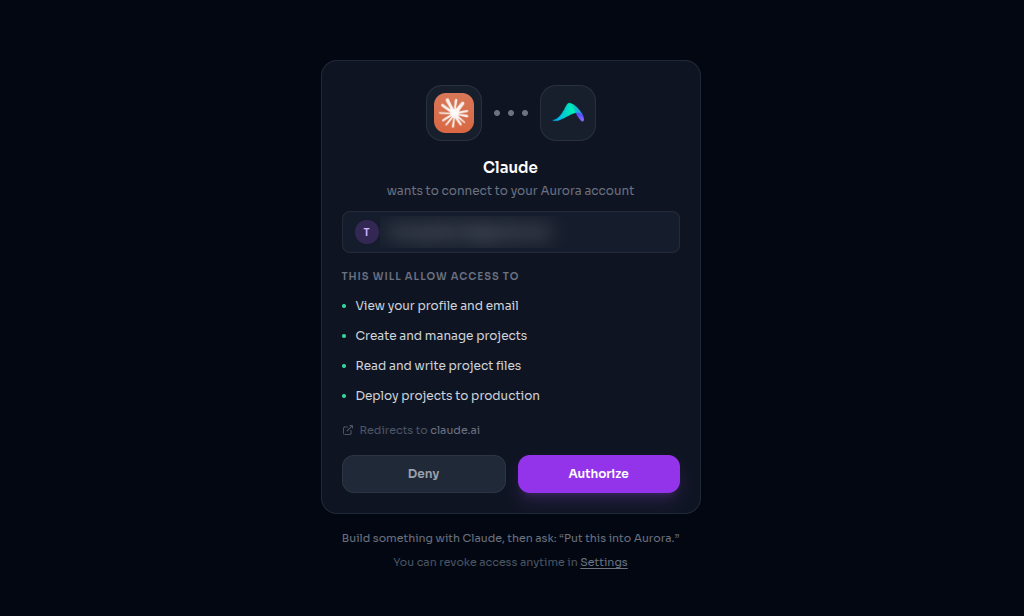 The Aurora consent screen that asks to connect Claude to your Aurora account