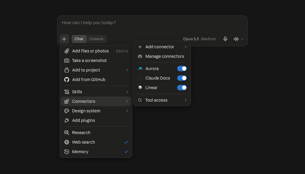 The chat menu in Claude with the Aurora connector turned on