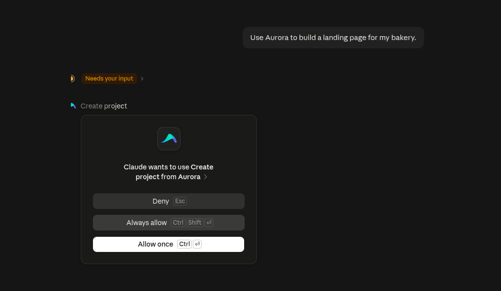 Claude asks for permission to use the Create project tool from Aurora
