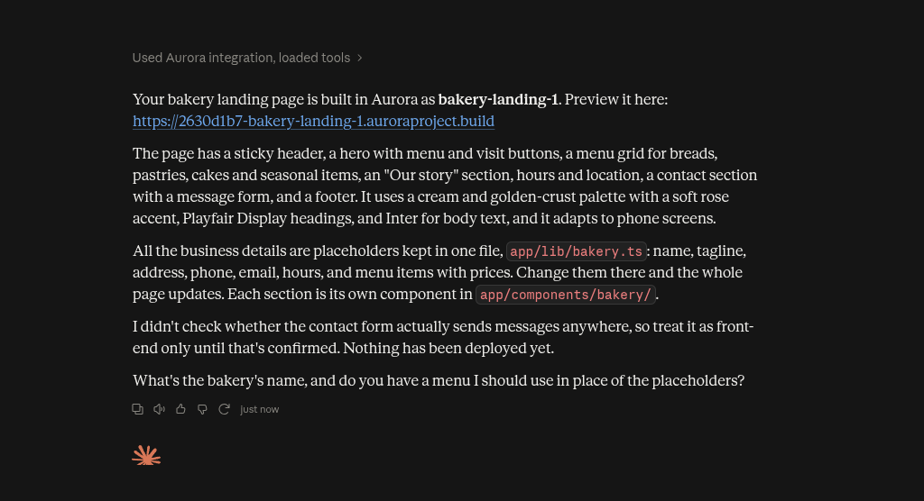 Claude replies that the bakery landing page is built, with a preview link